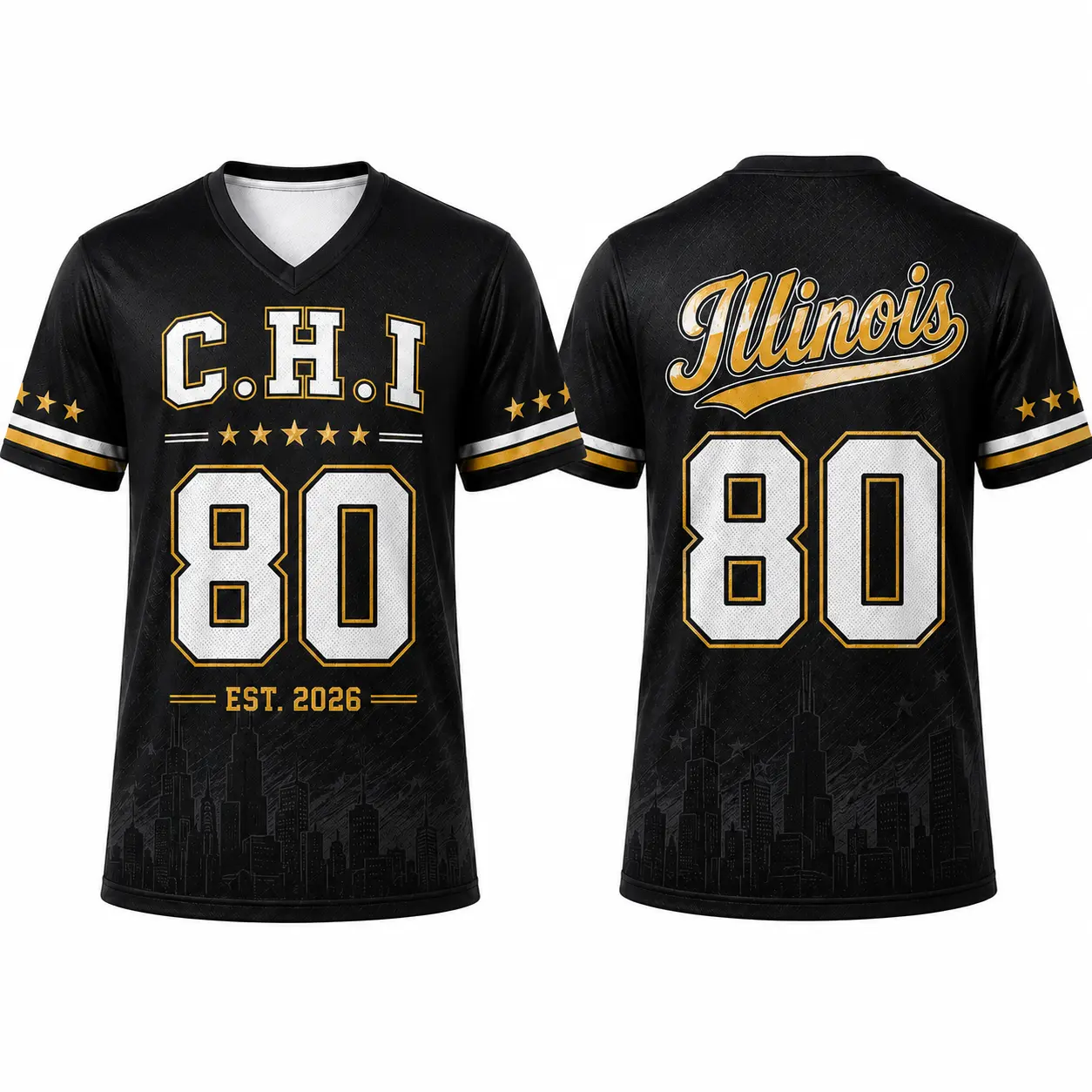 C.H.I 80 V-Neck Football Style Shirt for Men Women, Black Gold Original Game Day Sports Jersey Tee, Retro Varsity Athletic Short Sleeve Top for Tailgate, Sports Events, Casual Streetwear
