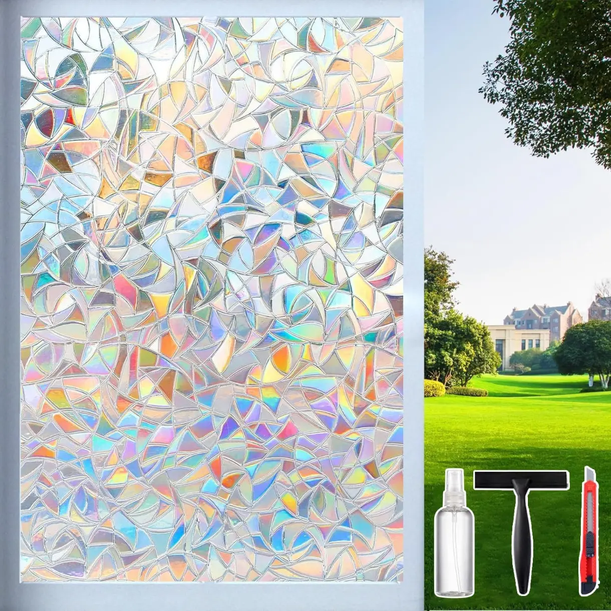 Rainbow Window Privacy Film with Cutting Reference Line, 3D Decals Stained Glass Clings, Static Cling Sticker, Suncatcher Windows Cover Tint for Home, 17.5 Inch x 78.74 Inch