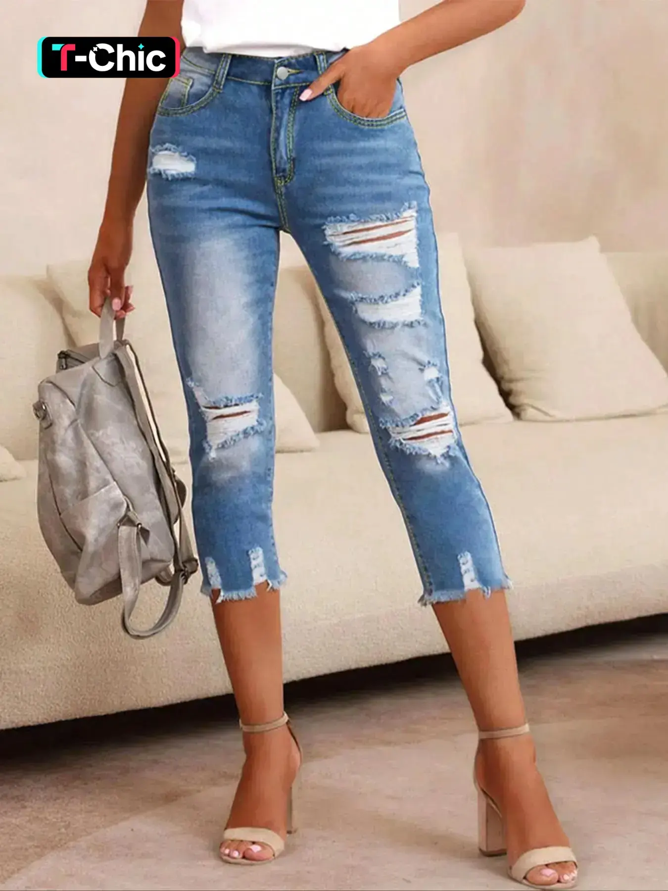 Women's Plain Ripped Raw Hem Skinny Fit Jeans, Frayed Cropped Jeans, Casual Pocket Button Cropped Denim Pants for Summer, Capri Pants, Fashion Women's Denim Trousers for Daily Wear, Bottom, Streetwear