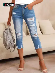 Women's Plain Ripped Raw Hem Skinny Fit Jeans, Casual Pocket Button Cropped Denim Pants for Summer, Capri Pants, Fashion Women's Denim Trousers for Daily Wear