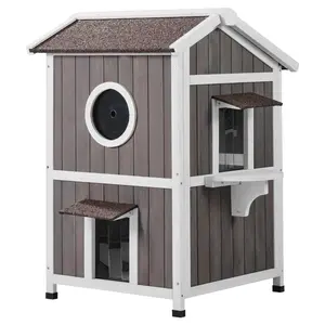 VEVOR Outdoor Cat House Weatherproof, TikTokShopBlackFriday, Feral Cat Shelter for Multiple Cats, 2-story Large Outdoor Wooden Cat House with Doors, PVC Door Flaps, A Clear Window, 23"L x 26"W x 36"H