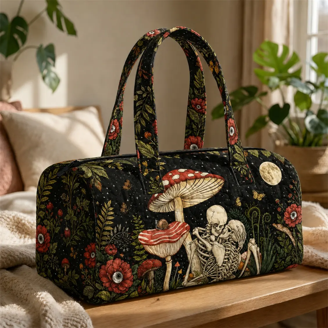 Gothic Mushroom Quilted Weekender Bag for Women, Large Capacity Overnight Duffel Tote with Zipper, Floral Moon Skeleton Print Travel Carryall for Vacation, Gym, Sleepover & Daily Use