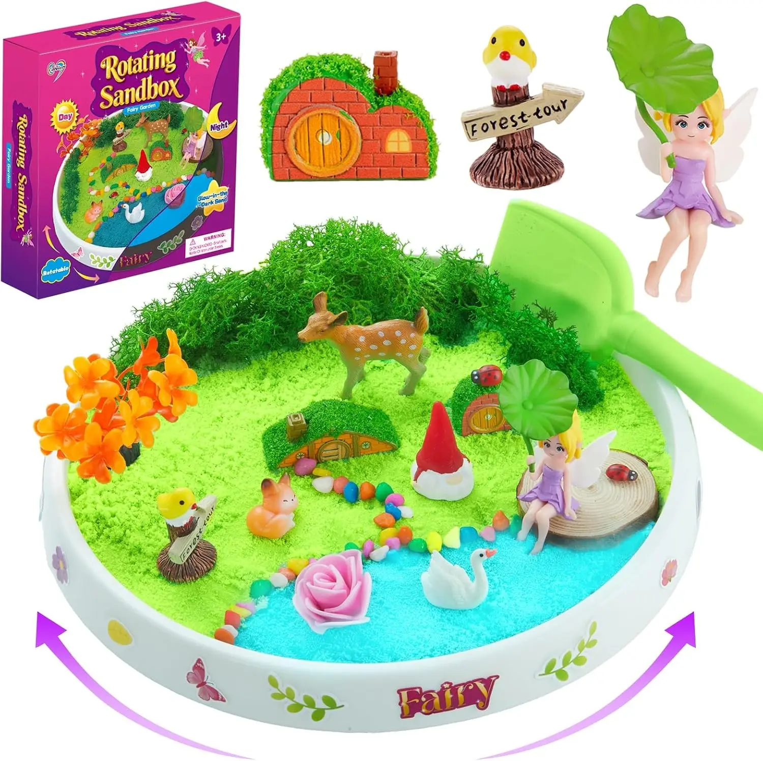 Spinning Fairy Garden Sensory Bin Desktop Sandbox with Glow-in-the-Dark Sensory Sand 360° Rotating Sensory Box for Stress Relief Sand Play Set for Boys and Girls Ages 3-8