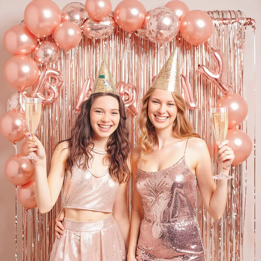 Stylish Birthday Balloon Decoration Set Blue Silver & Rose Gold Foil Curtain Heart Shaped & Confetti Balloons for Surprise Parties Summer Celebrations & Baby Showers