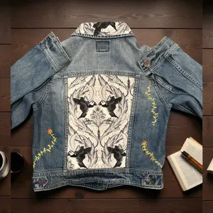 Puffin Power Denim Jacket, American Eagle size small. Tula Pink Greywork panel and collar