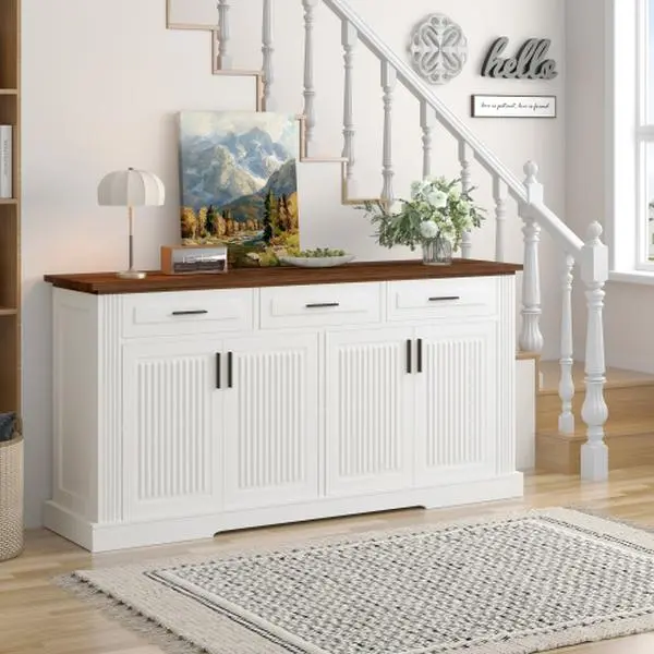 Bellemave 63" Fluted Composite Wood Sideboard - Luxury Modern High Capacity Adjustable Shelves Buffet Cabinet with 4 Doors, 3 Drawers, Ideal for Living Room, Dining Room Coffee Bar Station, Composite Wood Sideboards, Luxury Modern Sideboards