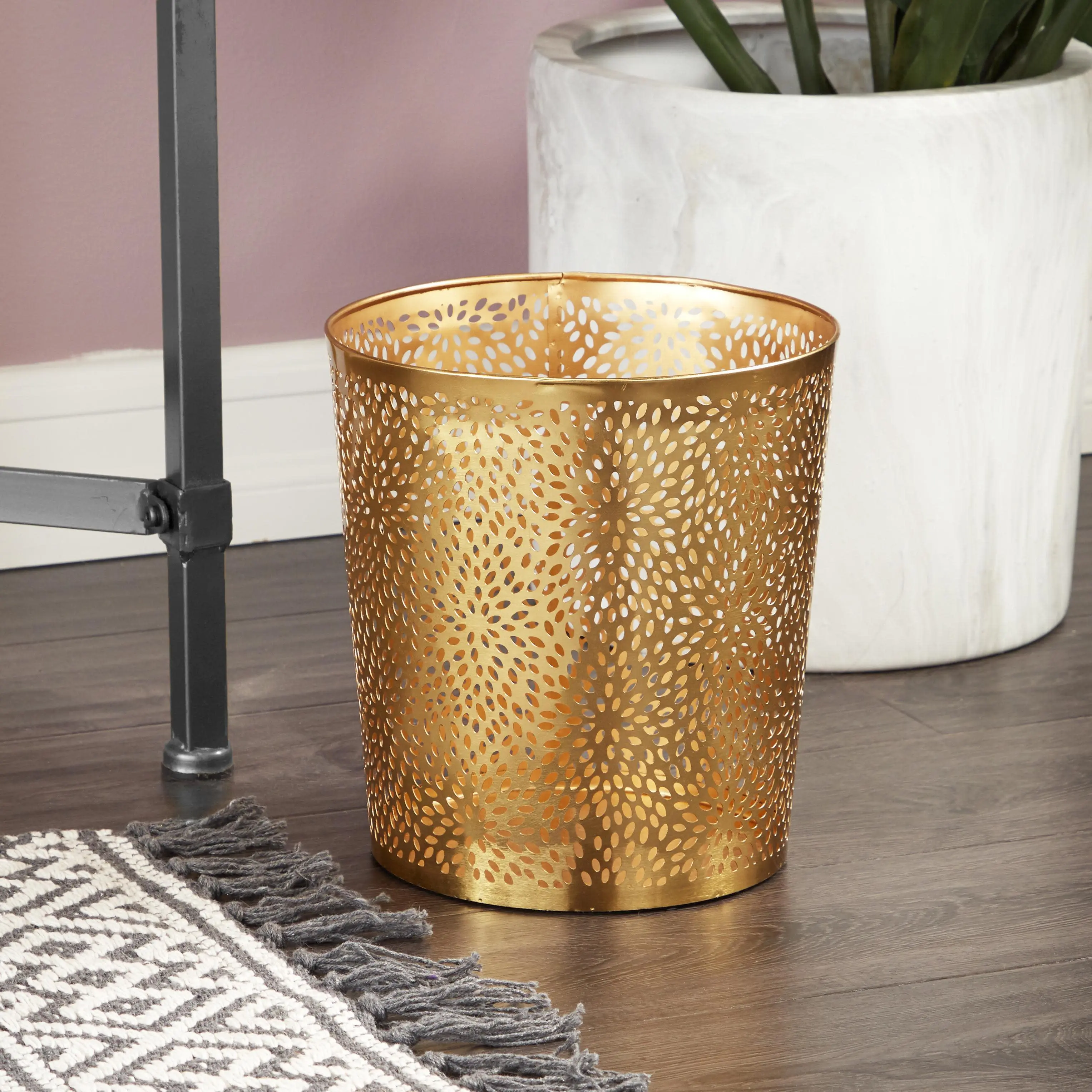 CosmoLiving by Cosmopolitan Laser-Carved Floral Pattern Small Bin, 9x9x10" Desk Accessory for Office & Bathroom (Desk Organizer for Office Stationery & Supplies)