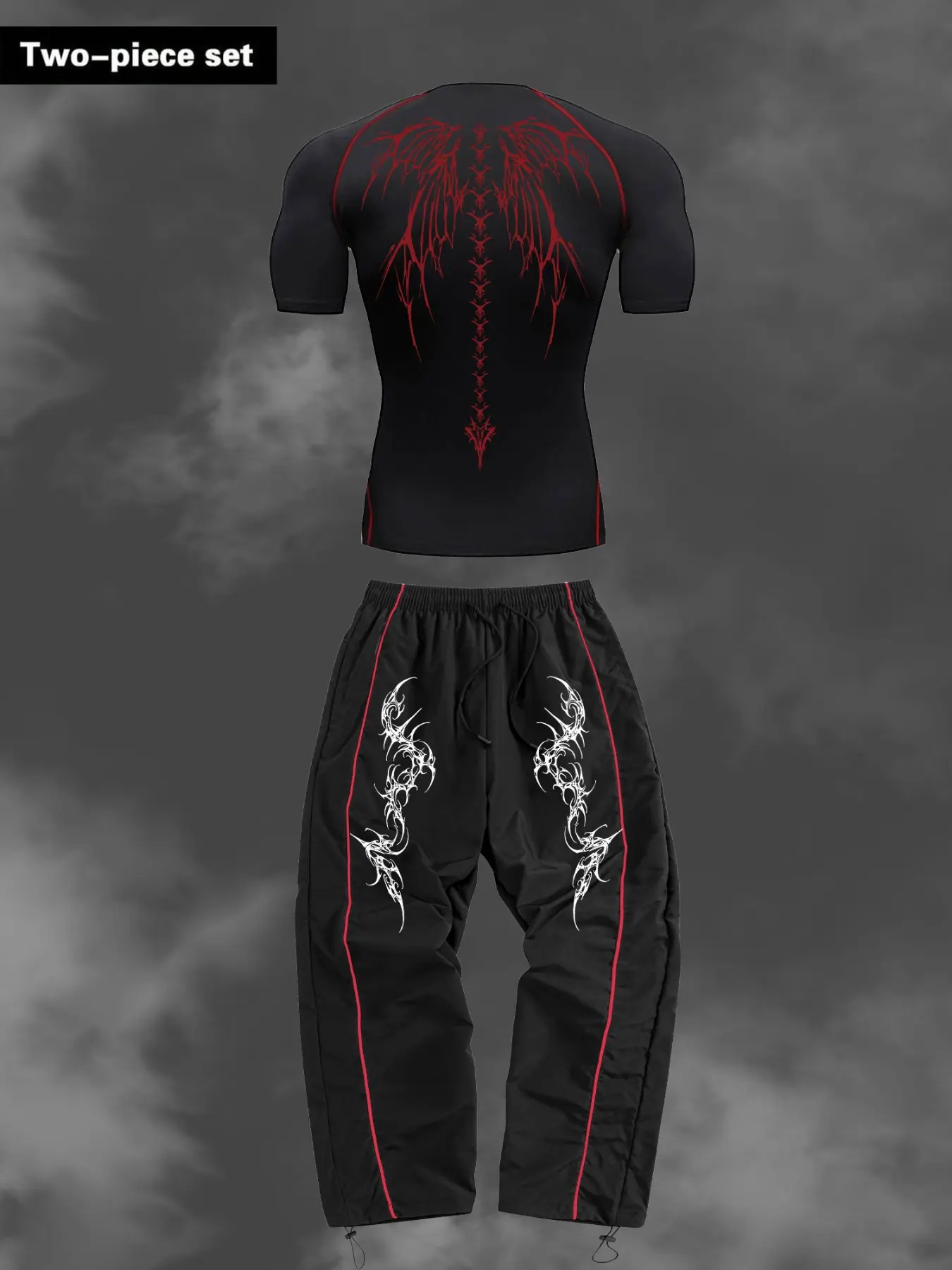 Men's Sporty Fitness Set, Matching Gym Set, Wings Print Y2K Style, Quick-Dry Short Sleeve Tight Tee, Drawstring Elastic Waist Pants, Gym Running Hiking, Quick Drying Tracksuit