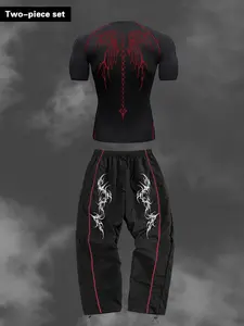 Men's Sporty Fitness Set, Wings Print Y2K Style, Quick-Dry Short Sleeve Tight Tee, Drawstring Elastic Waist Pants, Gym Running Hiking