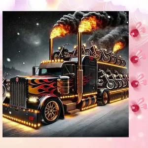 5D DIY Full Drill Round Diamond Painting - Diamond Art Kit Flame Truck Motorcycle Mosaic, Canvas, Diamond Pattern Design - DIY Decorative Painting, Home Wall Decor, Suitable for Halloween, Christmas, Birthday, and Anniversary Gifts