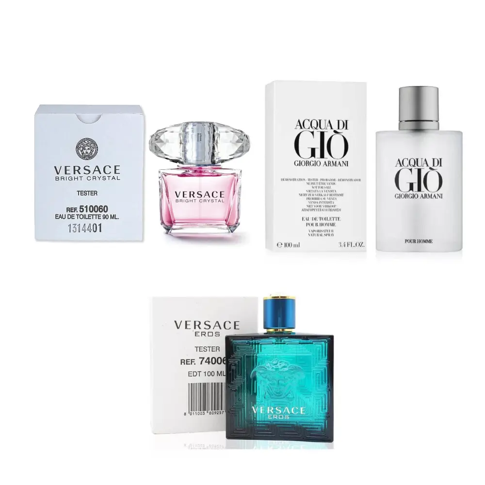 Triple Tester Bundle: Versace Eros + Versace Bright Crystal + Acqua Di Gio Tester Bundle | 3-Piece Designer Fragrance Set for Men & Women | 3.4 oz & 3 oz Testers