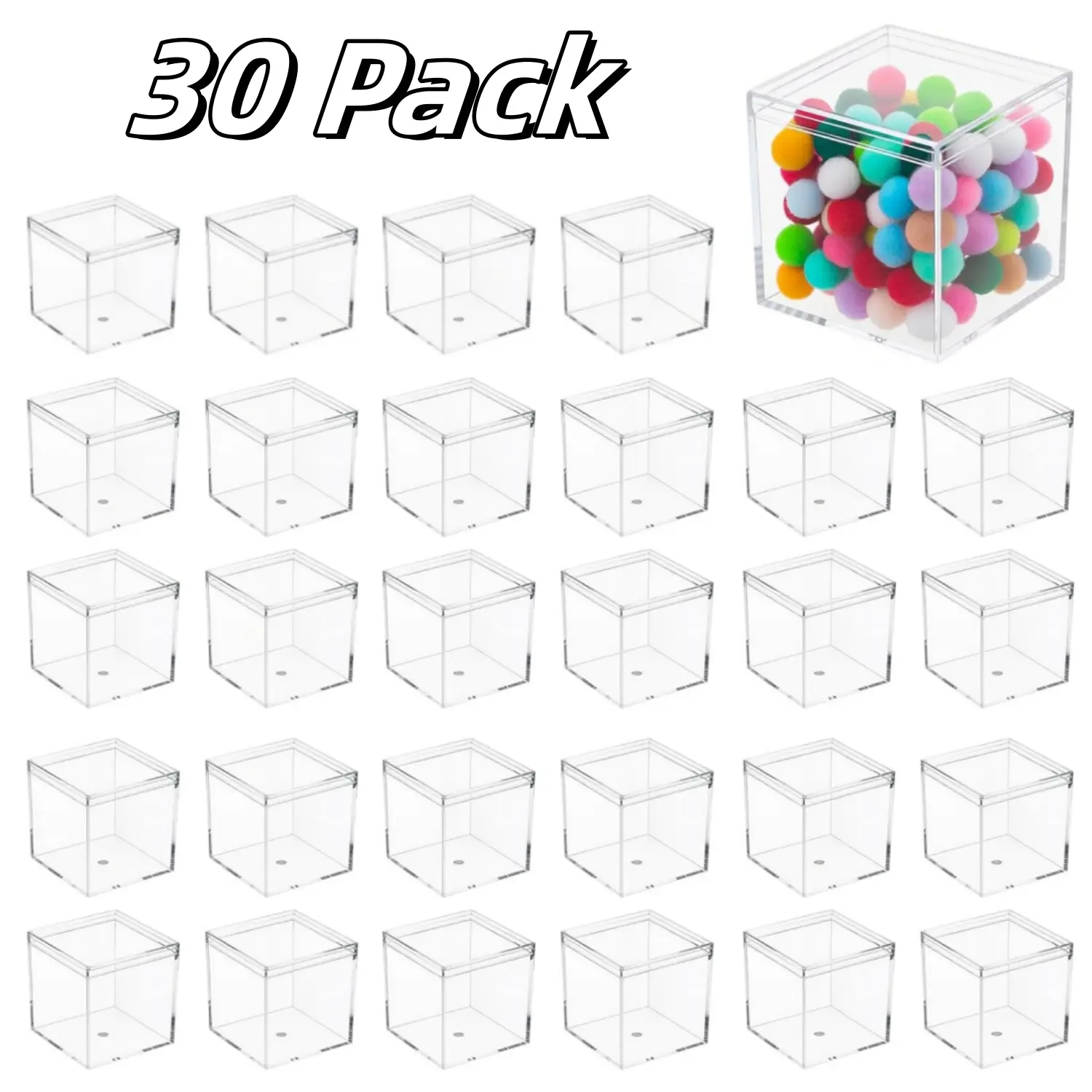 30 Pack Clear Acrylic Box with Lid 2.16 x 2.16 x 2.16 Inch Small Square Display Boxes Candy Storage Containers, Stackable Small Acrylic Cubes for Candy Pill Beads Earring Jewelry Party Favor