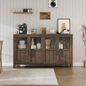 55" Large Buffet Cabinet with 4 Glass Doors, Sideboard Buffet Cabinet with Storage for Kitchen Dining Room, Living Room, White, Black ,Wood Color