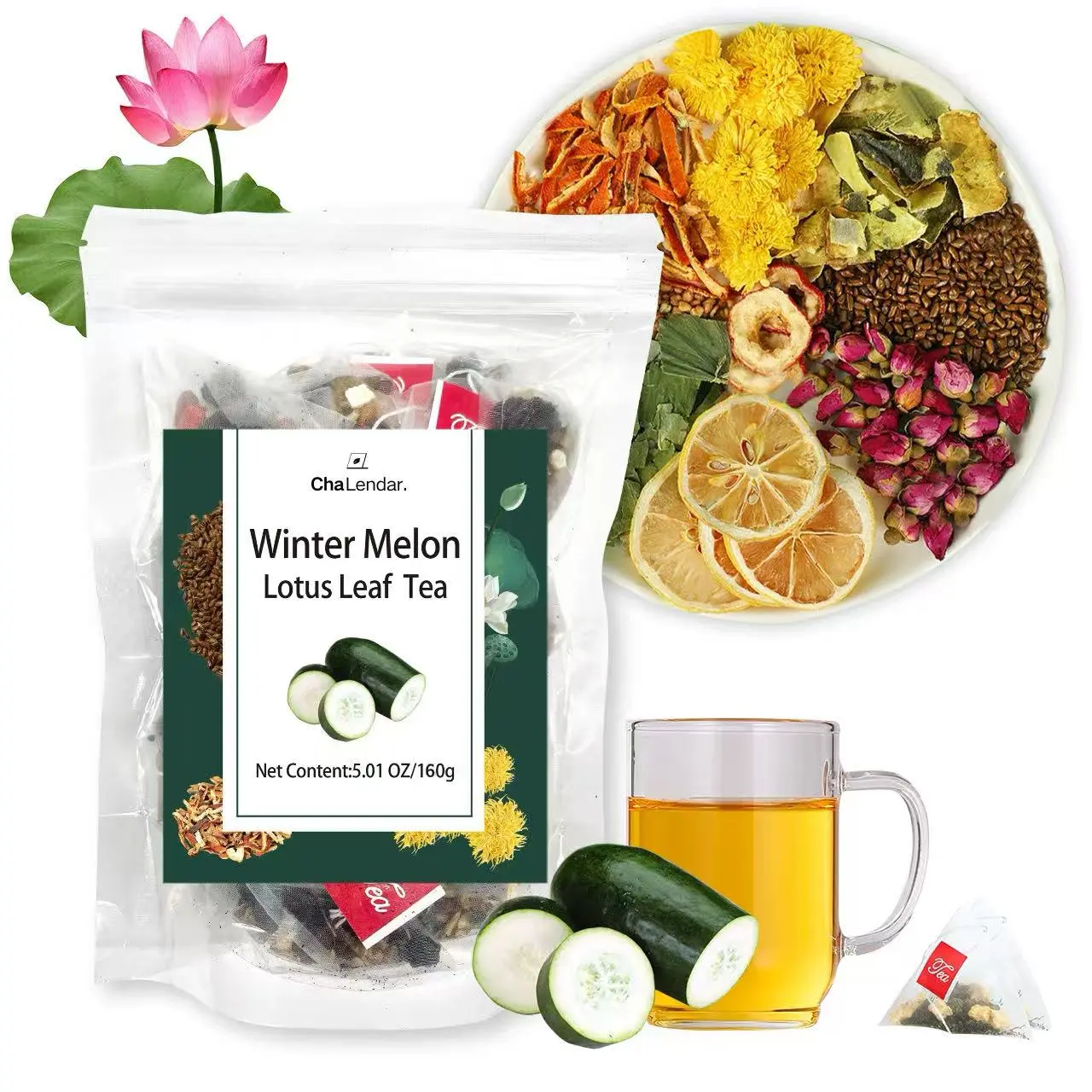 ChaLendar Dried Leaves Herbal Tea, Winter Melon-Lotus Leaf-Chrysanthemum Blend, 1Pack/20Sealed Bags, 160g, 18Months Shelf Life, Sugar-Free Vegan Convenient Beverage