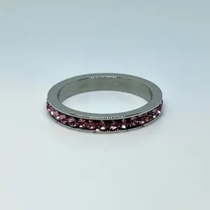 Stainless Steel Pink Gem Band Ring – Slim Pavé Style Stackable Ring