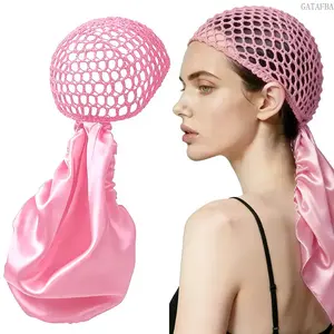 Humwam Non-Detachable Satin Hair Wrap & Net Duo – Adjustable Band for Silk Press, Curls & Braids, Reversible Satin & Handmade Netting