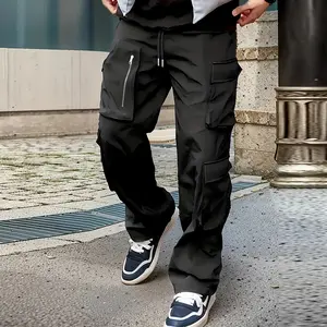 Men's Basic Menswear Clothes - Casual Straight-Leg Non-Stretch Loose-Fit Trouser Set, Solid Color Polyester Fiber, Elastic Waistband, Multiple Pockets, Suitable for All-Season Wear,summervibes