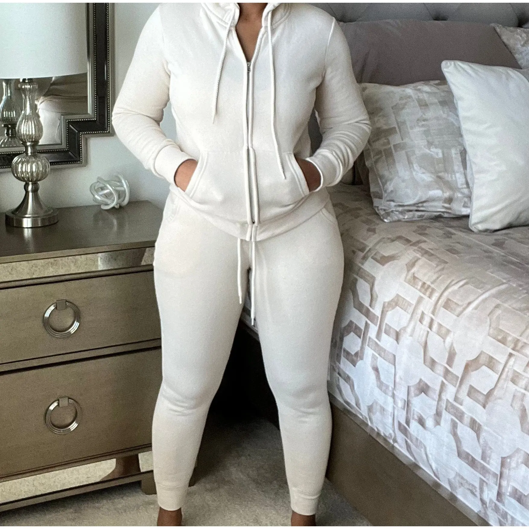 Zip-up Hoodie Cream Jogger Set