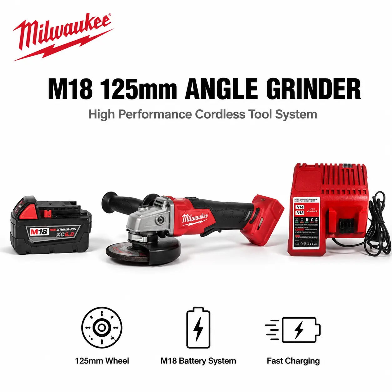 Milwaukee 125mm 5-Inch Cordless Angle Grinder with Battery M18 XC6.0 for Metal Fabrication, Handheld Grinding Power Tool Features a Paddle Switch Assembly Designed for Rapid Heavy Weld Bead Removal