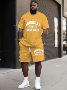 Men's New York Brooklyn Print Set, Menswear Casual Round Neck T-Shirt & Drawstring Waist Shorts, Breathable Loose Fit Fabric, All Seasons