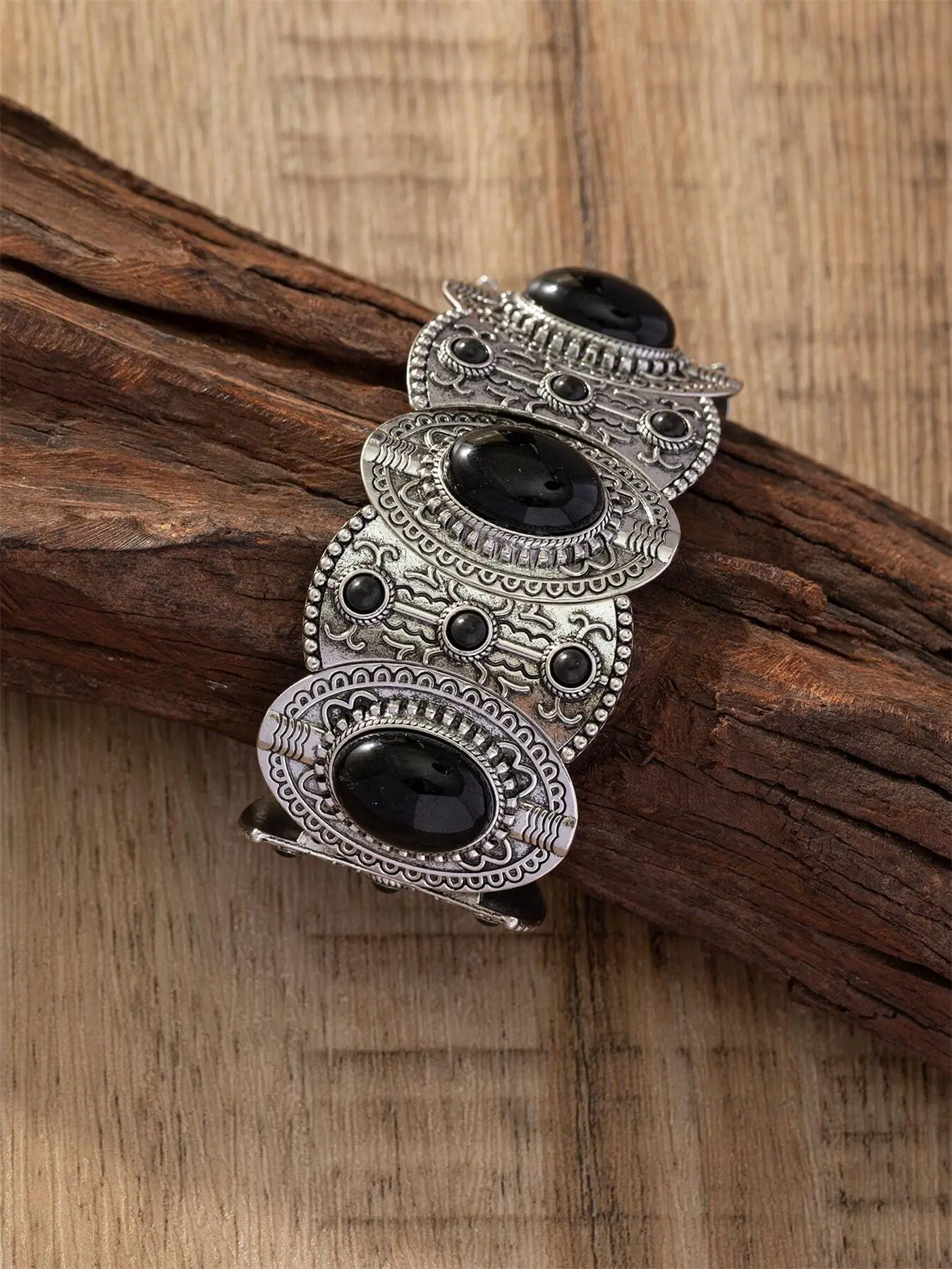 Vintage Fashion Black Turquoise Decorated Bangle, Boho Style Jewelry for Women & Men, Trendy All-match & Exquisite Jewelry for Birthday Gift, Boho Stone Bracelet, Pretty Bracelet, Boho Style Bangles, Bohemian Bracelets, Aesthetic Jewelry