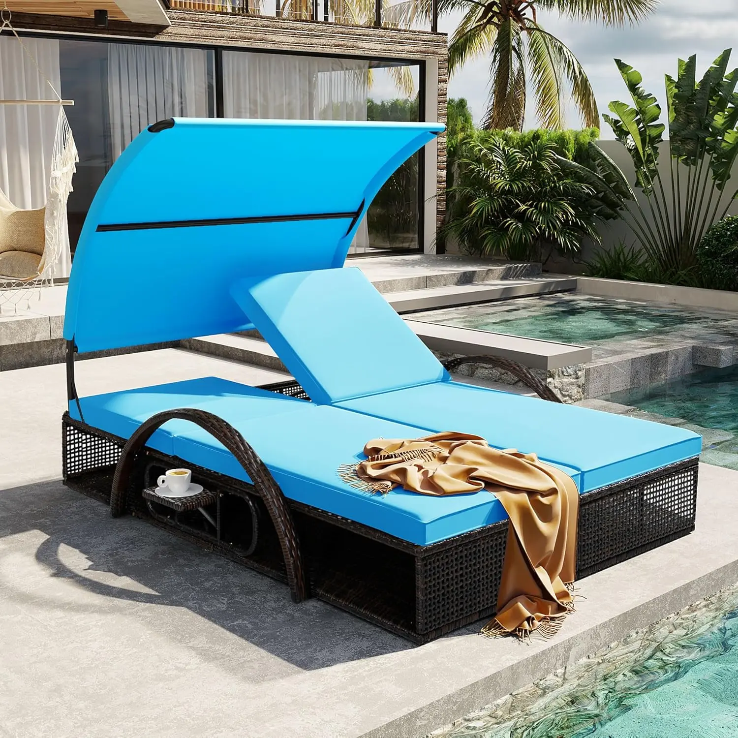Modern Sturdy Heavy-Duty Steel Frame Outdoor Double Sunlounger - Large Reclining Garden Sunbed with Adjustable Backrest, Hidden Side Table, Curved Canopy, Sun Protection, Zipper Feature for Reading & Pool Deck, Blue
