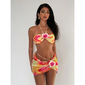 3pcs/Set Women Swimsuit, Yellow Floral Random Print Ruffle Halter Top With 3D Flower Detail, High Waist Bottom Shorts And Drawstring Skirt