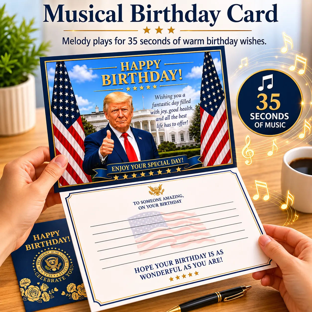 Talking Trump Happy Birthday Card - Talking Greeting Card, 5x7 Premium Gag Gift, 35-Second Real Trump Voice Audio Message, Pop Musical Design for Friends Birthday Celebrations