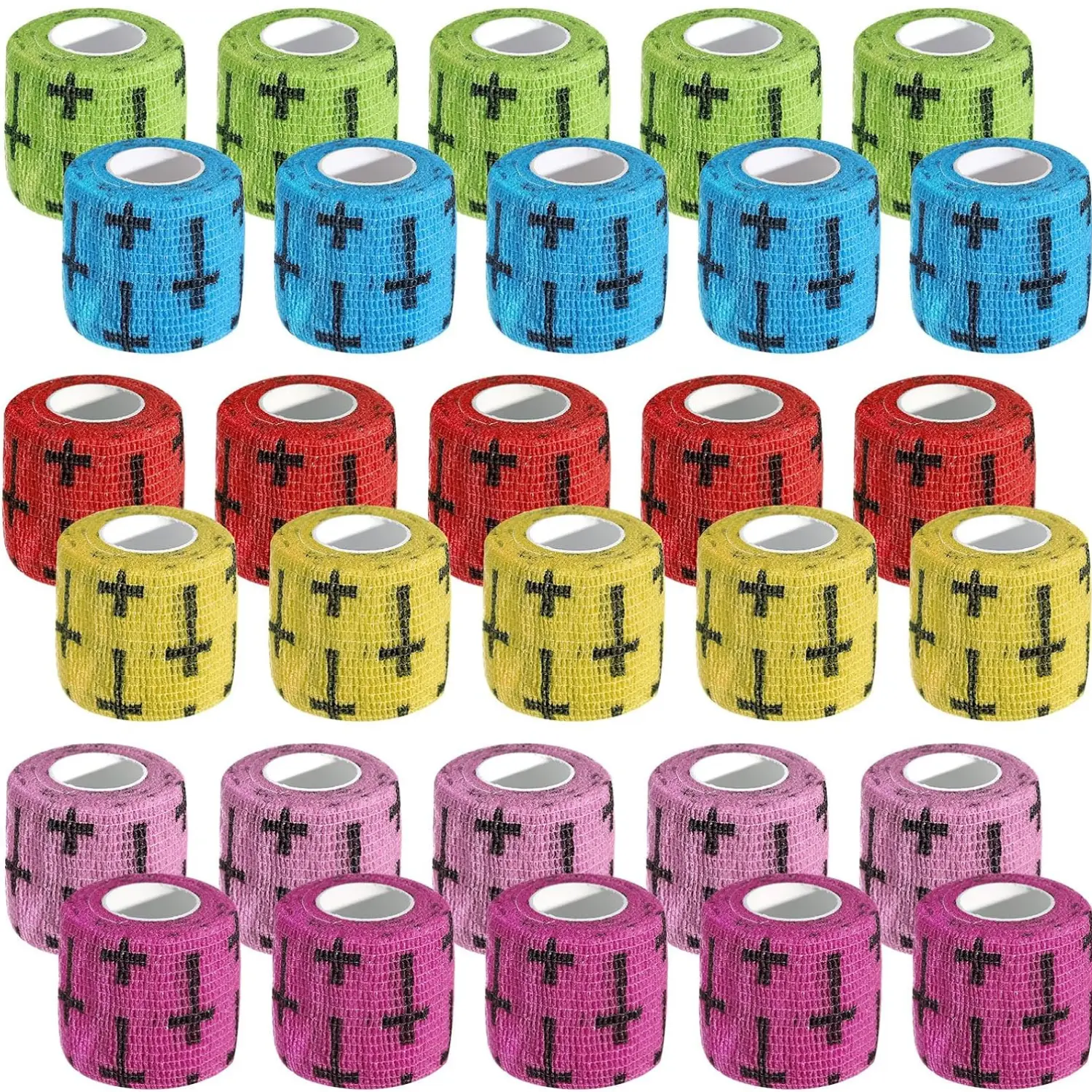 Athletic Tape 30 Pack, Inspirational Christian Cross Self-Adhesive Sports Wrap, Lightweight Non-Woven Rolls for Athletes, 2 Inch x 5 FT, 6 Colors, Unisex, Training, 2X5 Ft, Cross Print, Roll Size