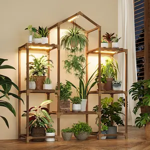 Bamworld Plant Stand Indoor with Grow Lights Wood Plant Shelf for Hanging Planter Pots Display Flower Stand for Living Room Patio Garden Decor