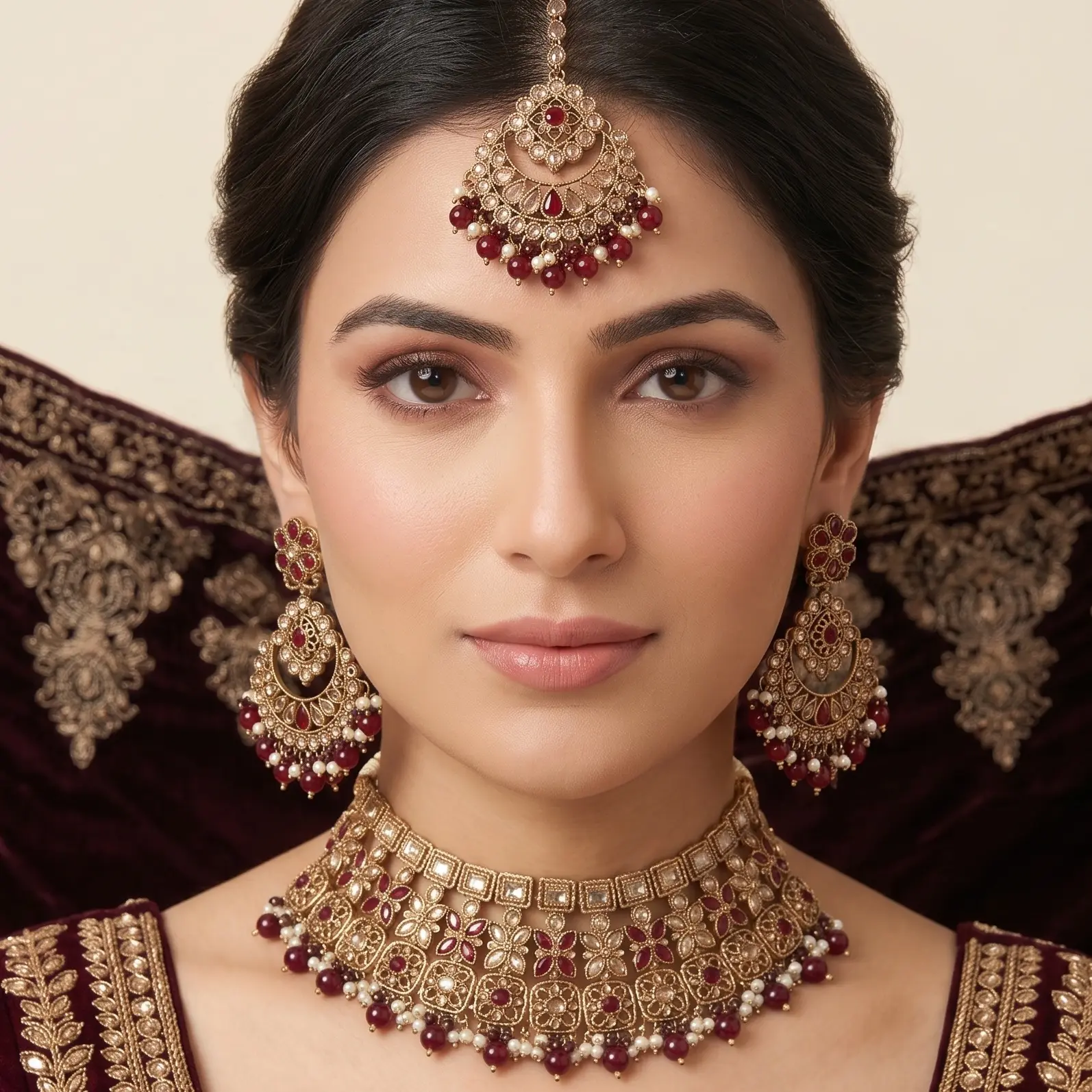 Women's Traditional Noor Polki Stones Maroon Bollywood Indian Wedding Necklace Set, Lightweight Costume Jewelry Accessory