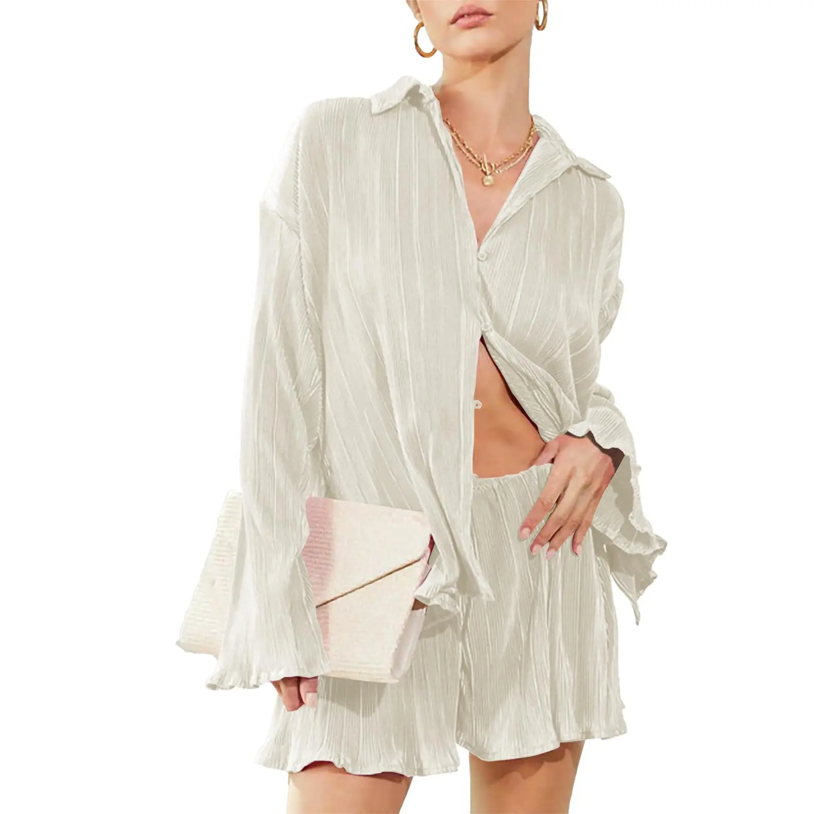 Women's Y2K 2-Piece Trouser Suit - Polyester Plain Button-Down Shirt, High-Elastic Waistband Pleated Pants, Machine Washable Nightwear Oversized Loungewear Outfit Womenswear