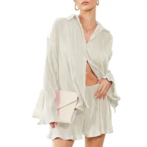 Women's Y2K two-piece trouser suit, button-down shirt, casual loungewear, pajamas Pleated Pants