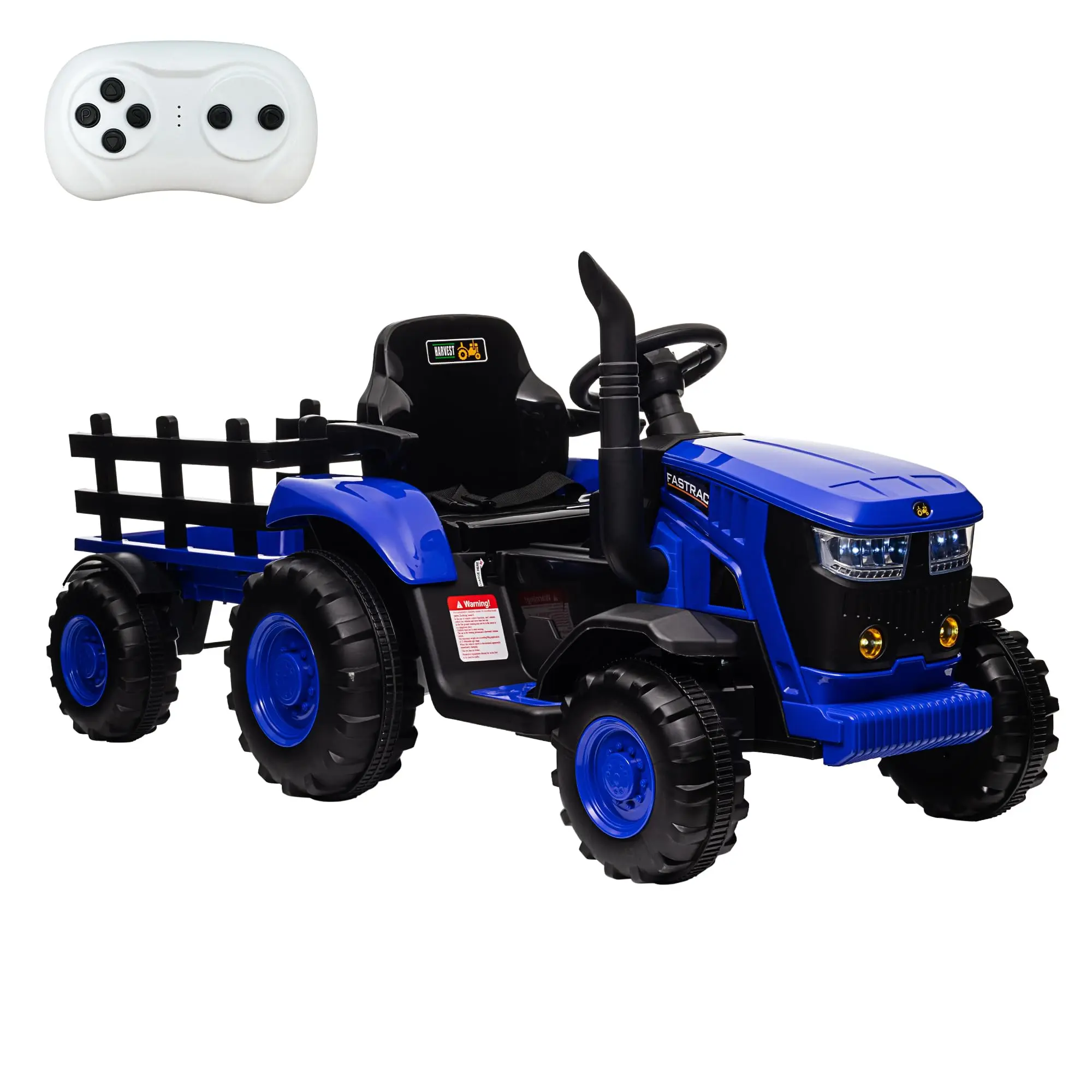 【GARVEE】12V Electric Ride-On Tractor with Trailer for Ages 3+, Featuring Remote Control, Spring Suspension, 35W Dual Motors, Built-in Music and USB Port, Blue Color, Perfect for Outdoor Fun