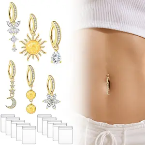 6-pcs stainless steel women's belly button rings, with 10 transparent storage bags, sun, moon, star, and butterfly pendants, body piercing accessories, suitable for daily wear, vacation, summer beach, gift giving