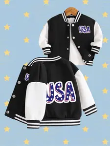 Girls' Independence Day Usa Print Baseball Jacket, Classic Patriotic Style, Blue, Artistic Fashion Coat, Ages 1-8