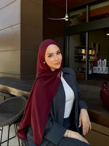 Women's Elegant Fashion Scarf, Pure Color Pearl Chiffon Shawl, Classic Islamic Modesty Hijab for Ramadan and Eid, Breathable Headscarf for Daily Use