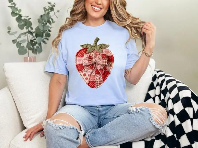Strawberry FAUX Patchwork T-shirt Comfort Colors Summer Everyday Style Shirtsleeve love casual comfortable super soft relaxed fit unisex Sizing womenswear Streetwear  vintage Crewneck Printed Loose strawberry boho bows