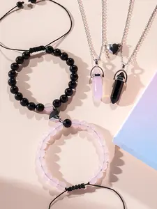 4-piece set of heart-shaped magnet west bracelet+hexagonal pillar necklace suitable for daily wear, vacation and dating occasions, and also a surprising and exquisite small gift