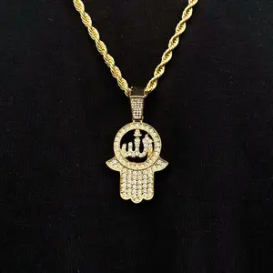 Iced Islamic Allah Hamsa Cubic Zirconia Religious Pendant & 4mm 24" Rope Chain Hip Hop Style Necklace Jewelry