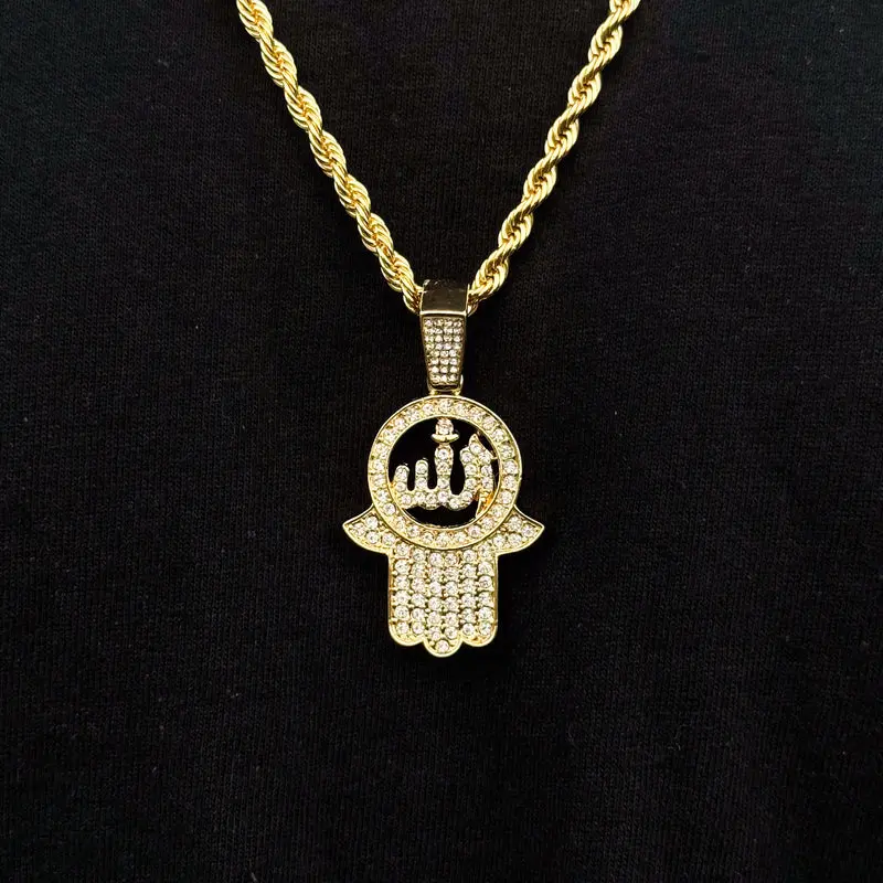 MaxBling81 Unisex Culturally-Inspired Islamic Allah Hamsa Protection Charm Necklace, 4mm Metal-Coated 24in Rope & Link Chain, Embellished Dangle Diamond-Inspired Hip-Hop Daily Wear Costume Jewelry, Culturally-Inspired Necklaces