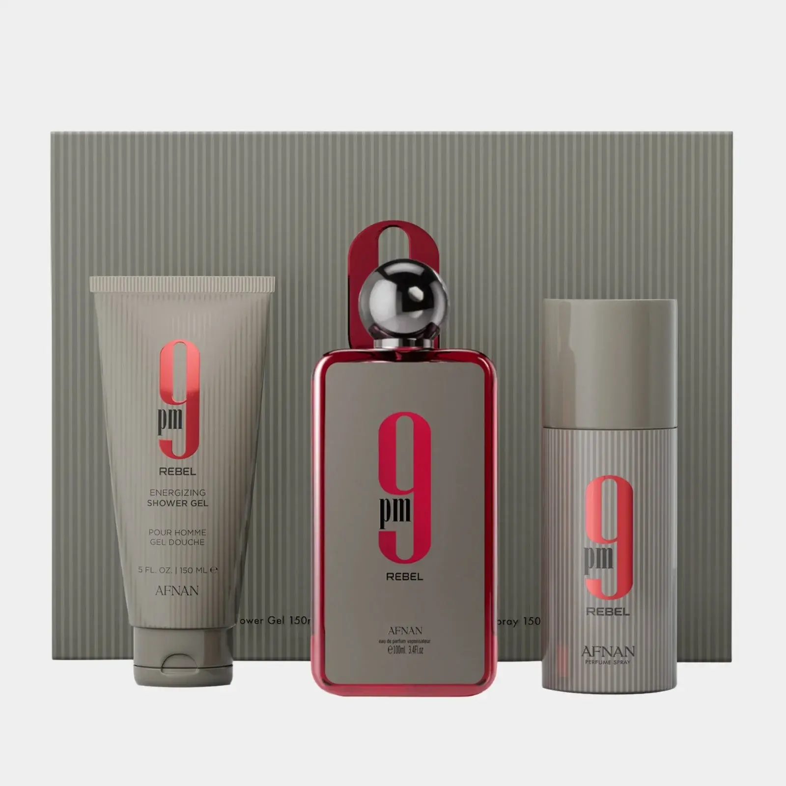 AFNAN 9 PM Rebel Gift Set for Men – Eau de Parfum Cologne, Deodorant, Shower Gel Spicy Woody Amber Fragrance Set