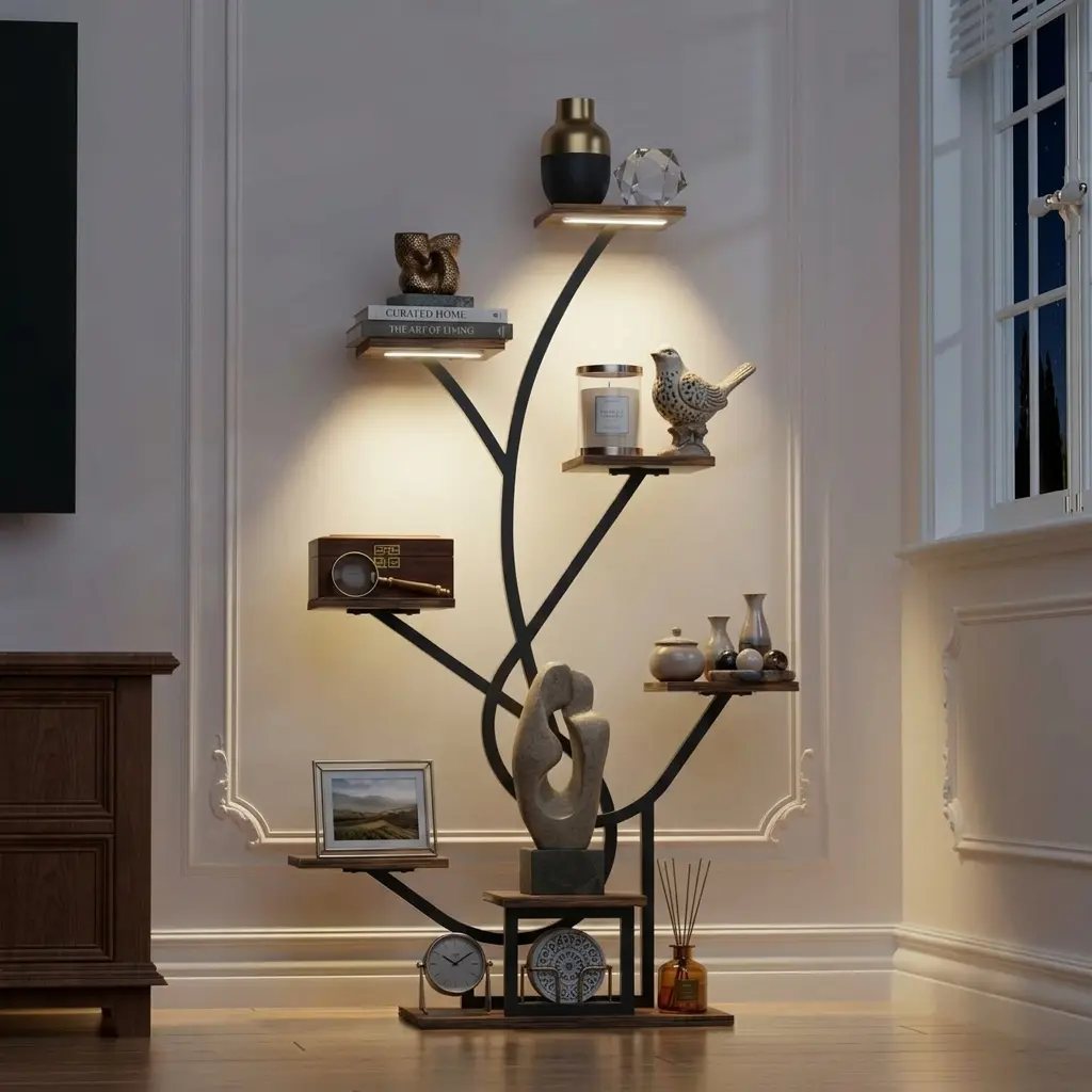 BACEKOLL Tree-Shaped LED Display Shelf - 8-Tier Multi-Functional Corner Storage Rack, Modern Decorative Organizer for Books, Photos, Collectibles, Living Room Home Supplies