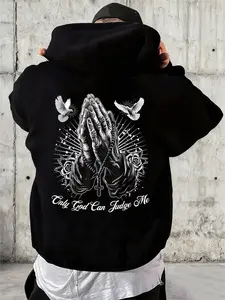 Mens Oversized Hoodie Only God Can Judge Me Religious Graphic Streetwear | Faith Based Prayer Hands Cross Rose Dove Print | Gothic Hip Hop Rap Tupac Inspired Pullover | Trendy Urban Casual Oversized Sweatshirt for Men