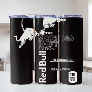 Red Bull Morning Shift Edition Black 20oz Skinny Tumbler, Energy Drink Can Wrap Design, Stainless Steel Insulated Drinkware, Gift for Night & Morning Shift Workers