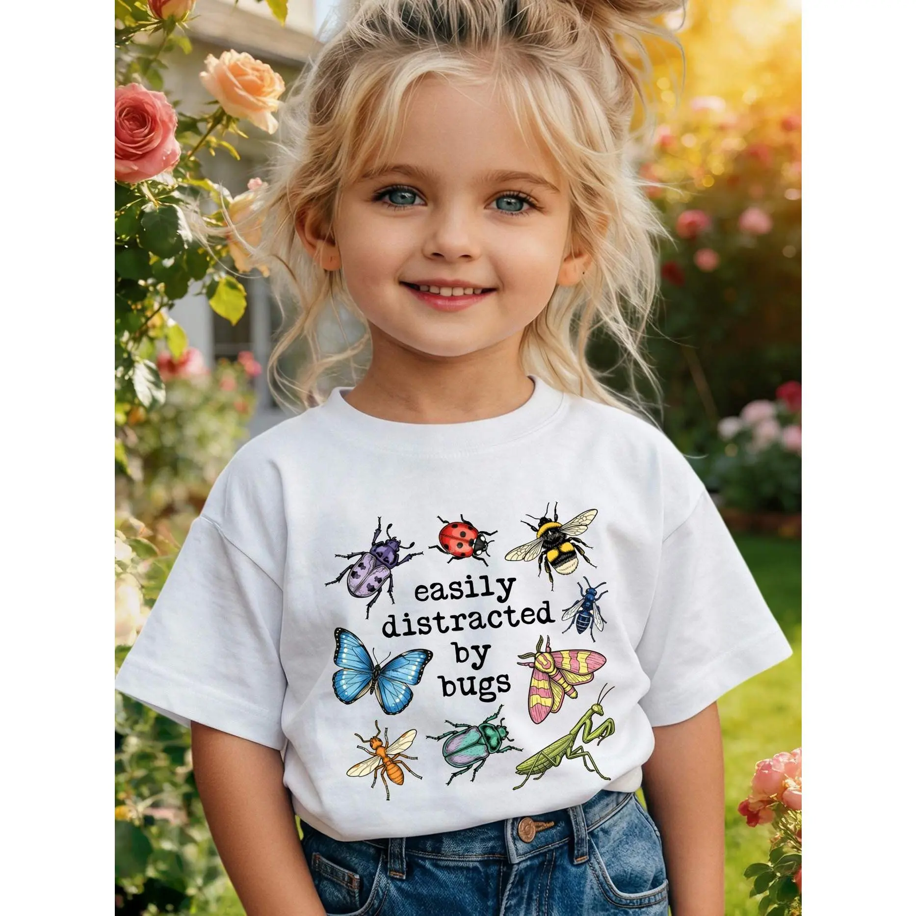 1pc Kids' Colorful Insects Bug Print White T-Shirt, Crew Neck, Casual Tee, Medium Stretch Knit Fabric, Regular Fit for Boys And Girls Children, Alphabet Pattern, for Spring/Summer/Fall Easter/ Day/Earth Day