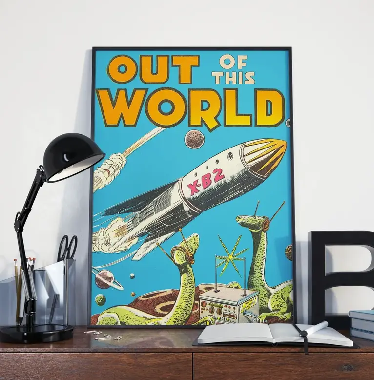 VINTAGE POSTER - Retro Poster featuring Spaceship and Dinosaurs Wearing Headphones  Wall Art ,Vintage Science Fiction [ NO FRAME ]