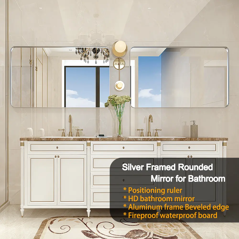 Rectangle Wall Mirror with Rounded Corners, 40x30 Inch, Brushed Silver Metal Frame, Horizontal or Vertical Mount, for Bathroom, Bedroom, Living Room, Entryway