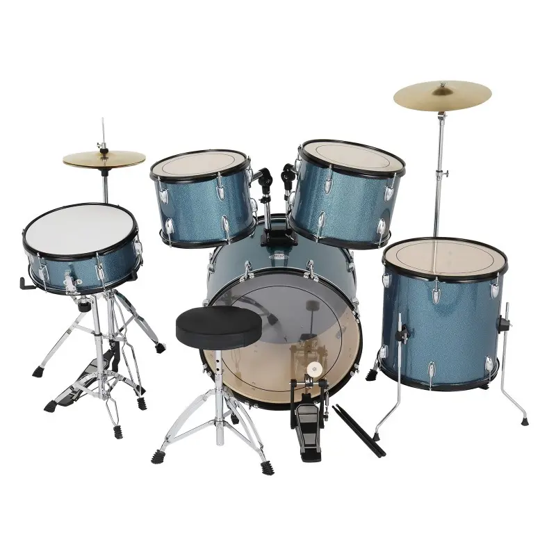 Adult 5-Piece 9-Ply Poplar-Maple Wood Percussion Kit, Double-Layer Oil-Coated Double-Skin Set with 10.8x19.5in Bass, 12x10in Tom, 1 Extra Tom, 1x14x5.5in Snare Drum, 16in Ride Cymbal, 1x14in Hi-Hat Cymbals, Stool, Bass Pedal, Stick Pair, 1 X Hi-Hat Cymbal