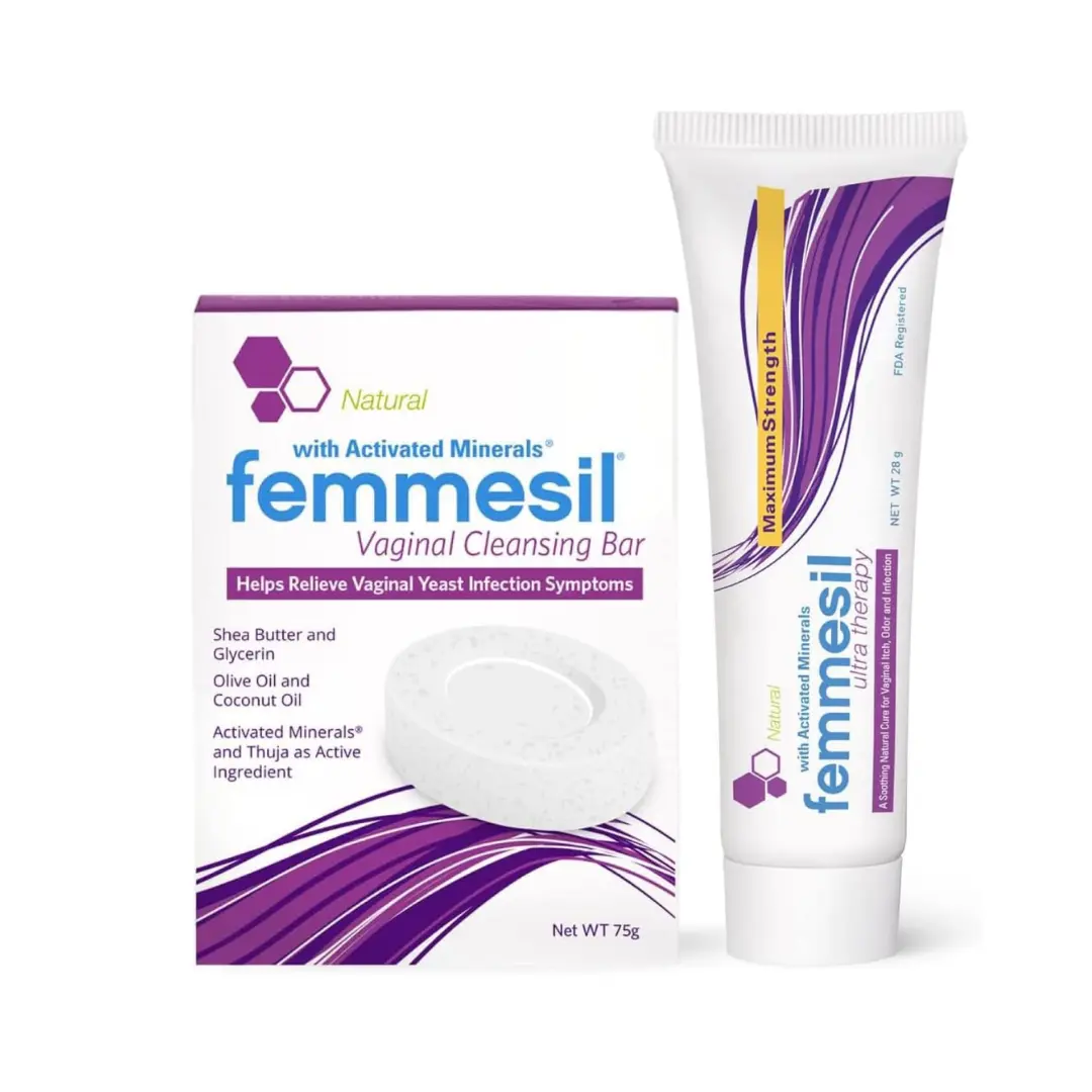 Femmesil Feminine Cream & Moisturizer Kit for Women, 1oz Ointment + 75g Soap | Natural Antifungal Vaginal Cream with Clotrimazole & Anti Fungal Soap, Soothes Vaginal Itch & Irritation – Packaging May Vary